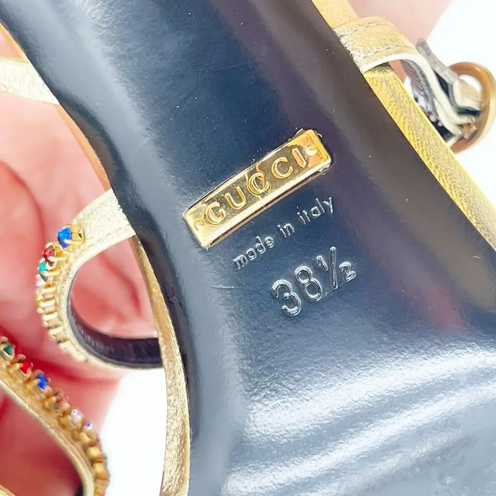 Gucci Carmen Crystal Embellished Gold Leather Bow High Heel Sandals EU 38.5 - Picture 10 of 13